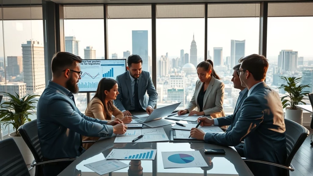 Une scène de bureau moderne avec des professionnels discutant autour d'une table.