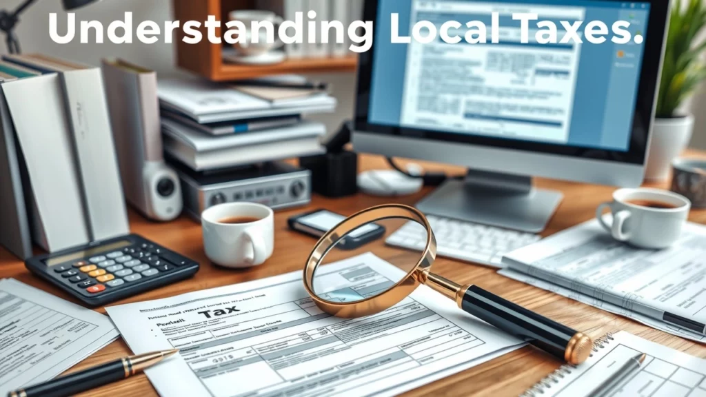 Un bureau avec des documents fiscaux, une loupe, et un ordinateur, representant l'analyse des impots locaux.