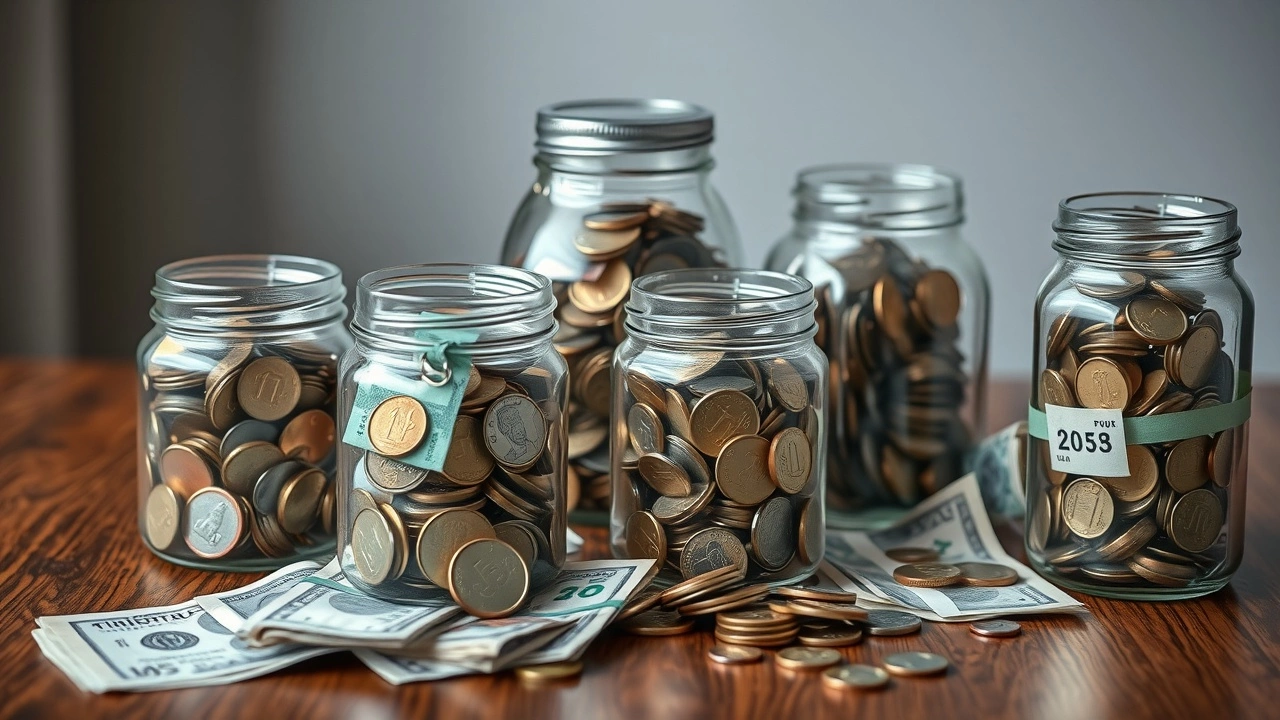 photographie de bocaux avec des pièces et des billets