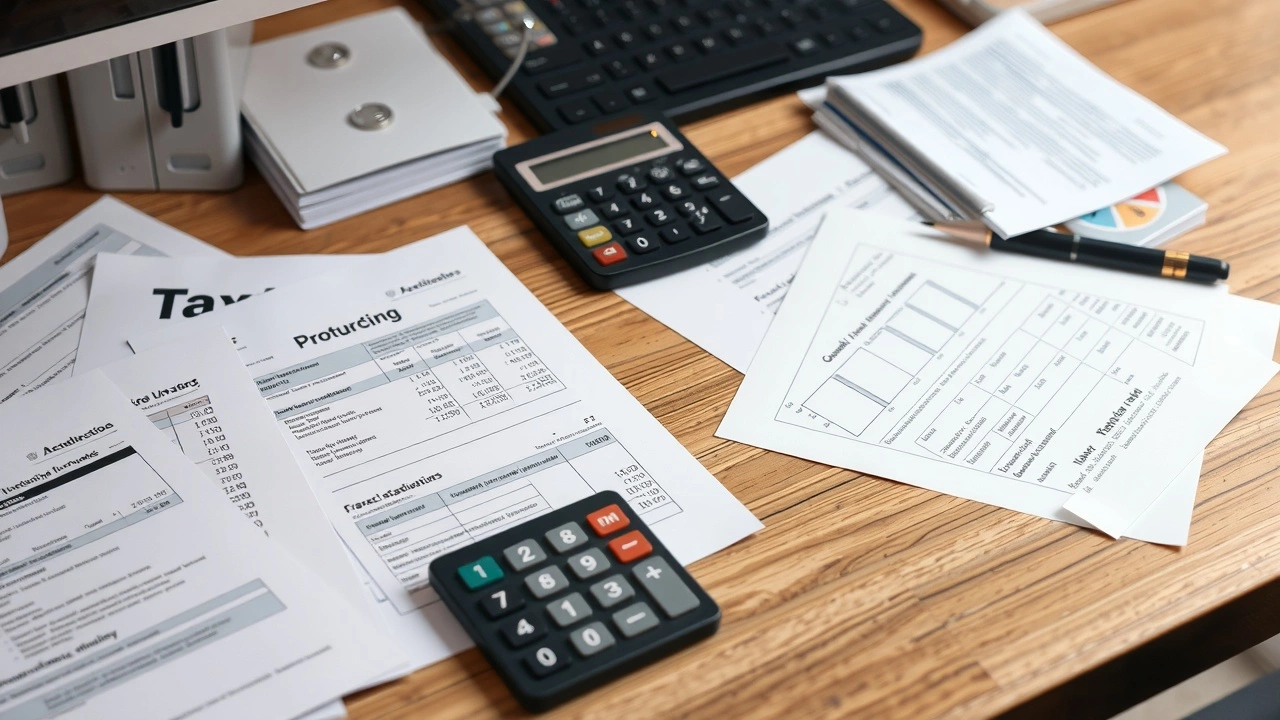 bureau bien organisé avec documents fiscaux et calculatrice