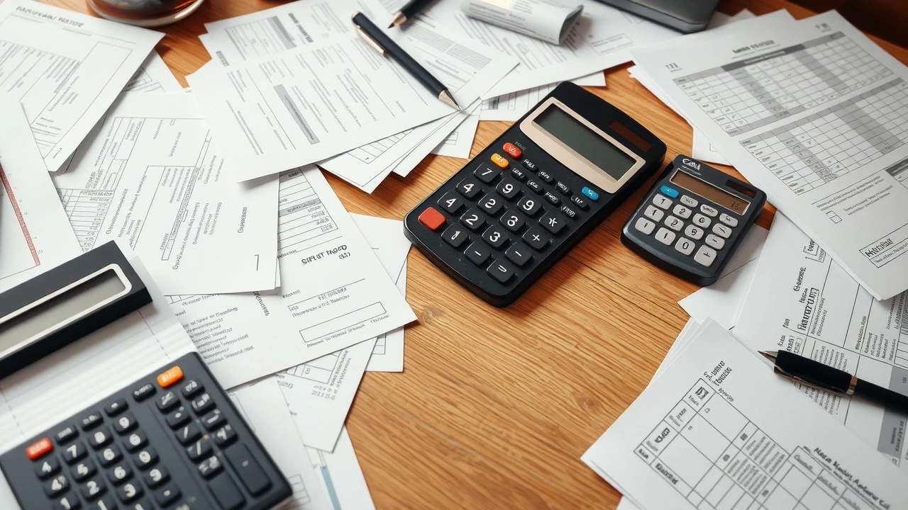 bureau en désordre avec documents fiscaux éparpillés