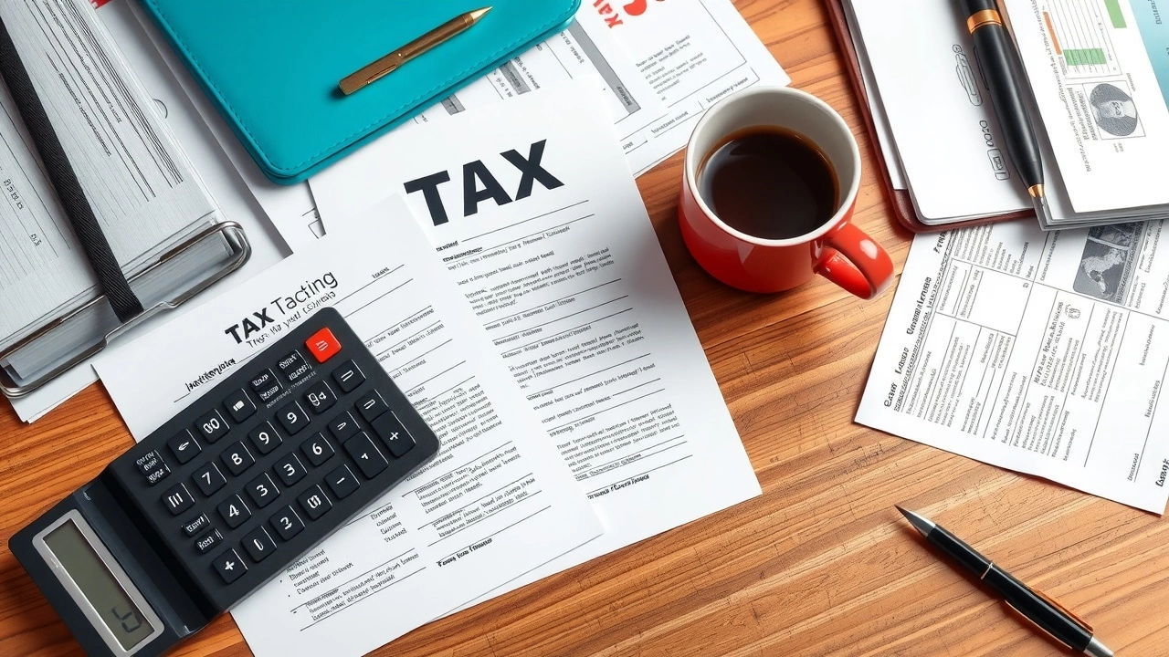 bureau bien organise avec documents fiscaux et calculatrice