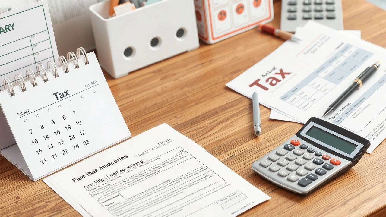 bureau bien organise avec documents fiscaux et calculatrice