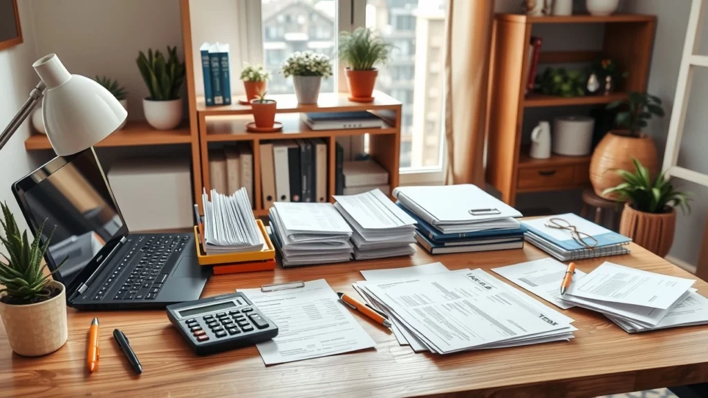 Bureau bien organisé avec des reçus et documents fiscaux
