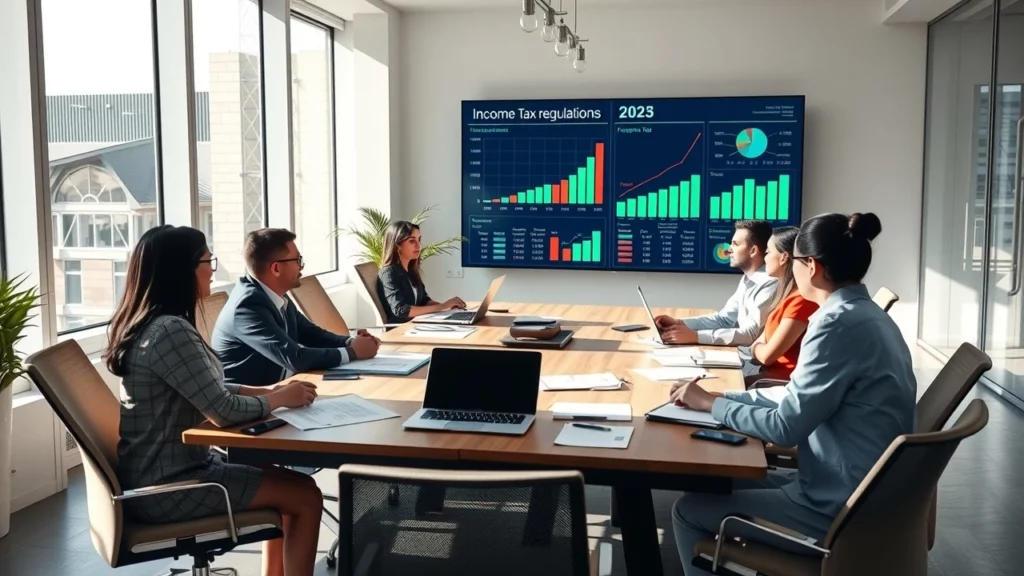 Une scène de bureau moderne avec des professionnels discutant des nouvelles règles fiscales.