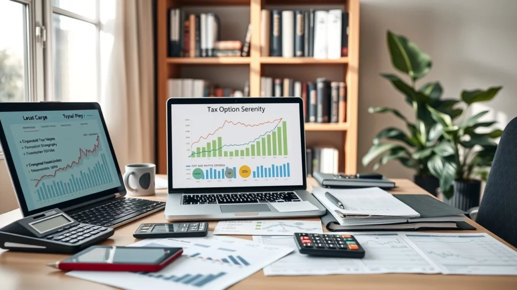 Bureau bien organise avec des documents financiers et un ordinateur