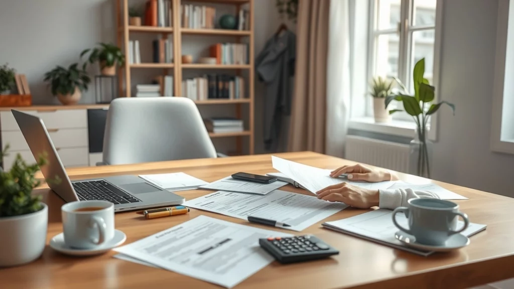 Une personne organisant ses finances pour les impôts 2025 dans un bureau à domicile.