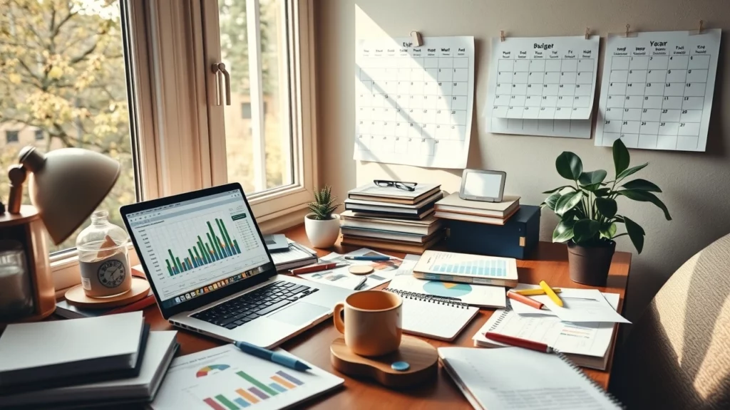 Bureau de maison avec outils de planification financière, lumière naturelle.