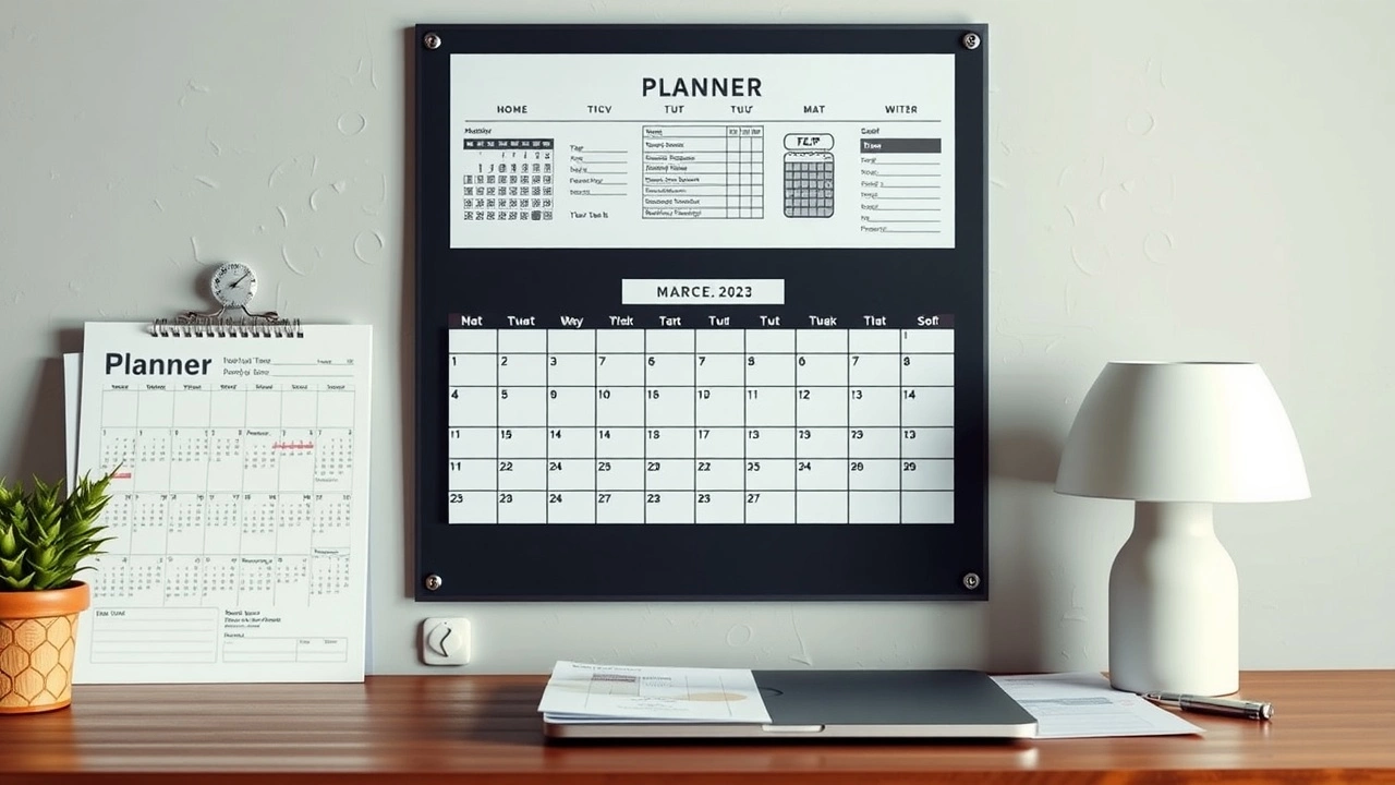 Calendrier mural avec documents fiscaux et ordinateur portable