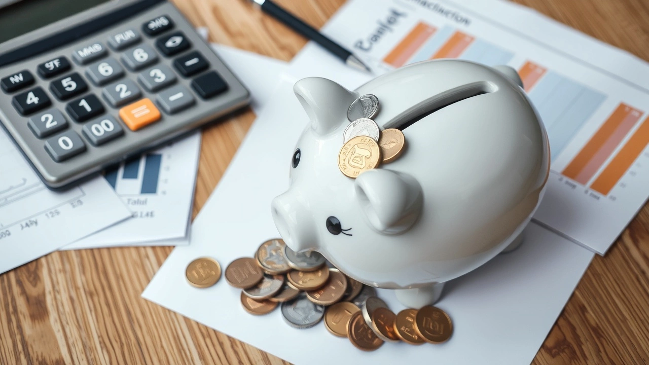 cochon tirelire rempli de pieces et calculatrice