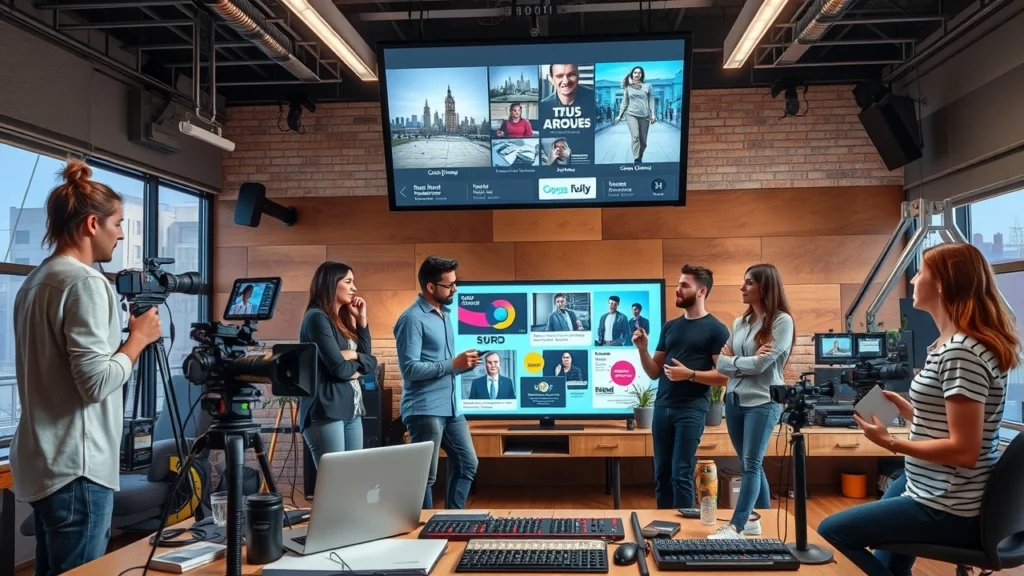 Une illustration d'une équipe créative travaillant sur un projet audiovisuel public.