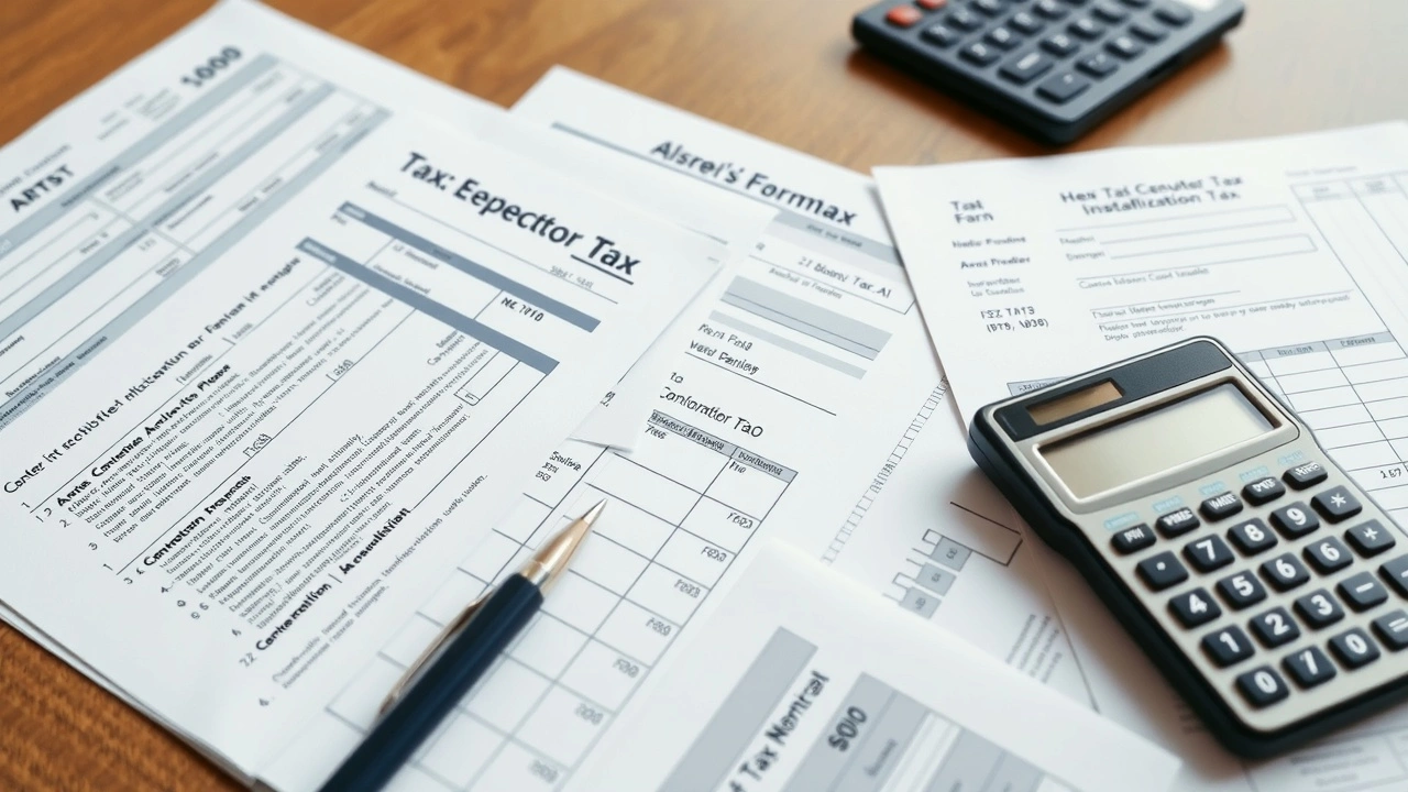 table avec des documents fiscaux et une calculatrice