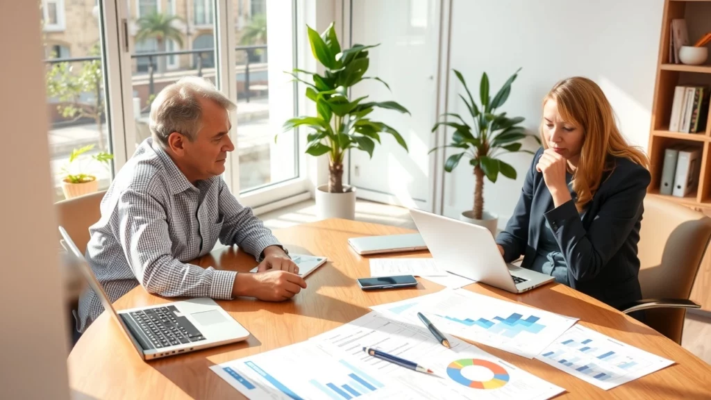Un conseiller financier discutant de strategies budgetaires pour eviter des surprises fiscales dans un bureau lumineux avec des ordinateurs et des graphiques sur la table.