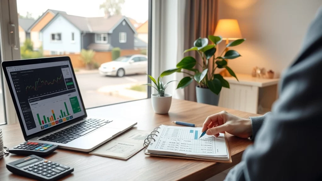 Une scène de bureau moderne où une personne gère ses finances, avec un ordinateur et des outils de budgétisation.