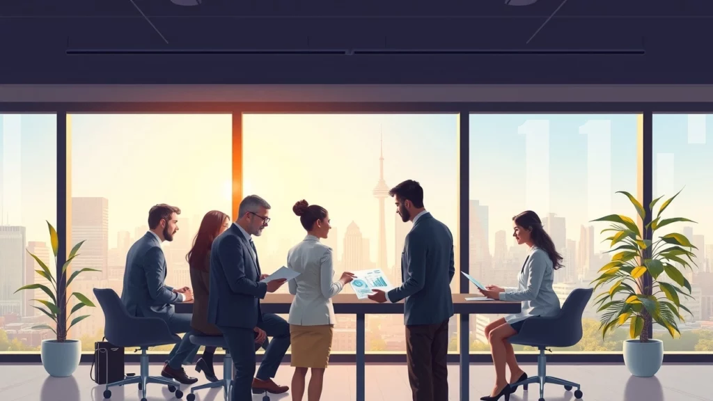 Une illustration montrant un groupe de professionnels en réunion sur la planification fiscale dans un bureau lumineux.