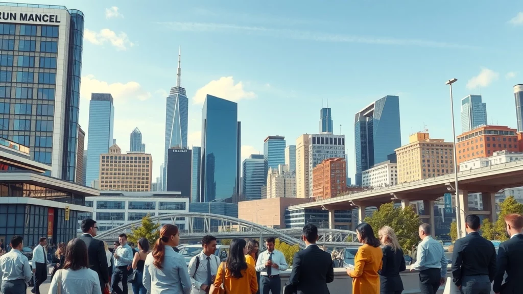 Une illustration d'une ville moderne avec des professionnels engagés dans des activités financières.