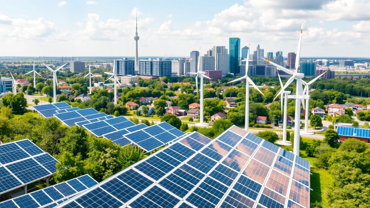 paysage urbain vert avec panneaux solaires et eoliennes