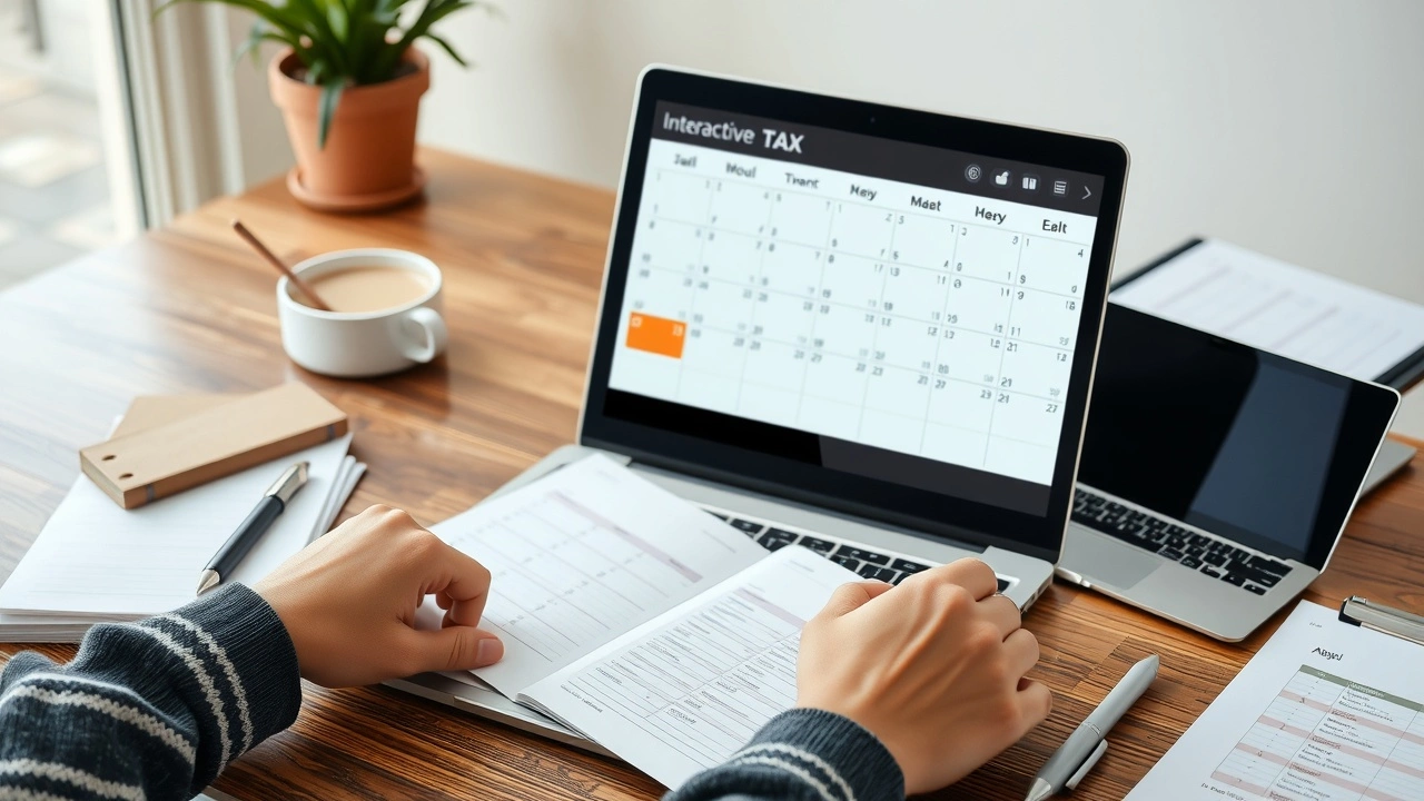 person utilisant un calendrier fiscal interactif sur un bureau