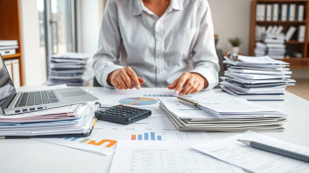Une personne examine attentivement des documents financiers et des graphiques dans un bureau moderne lumineux, utilisant un ordinateur portable et une calculatrice, symbolisant la planification efficace des declarations fiscales.