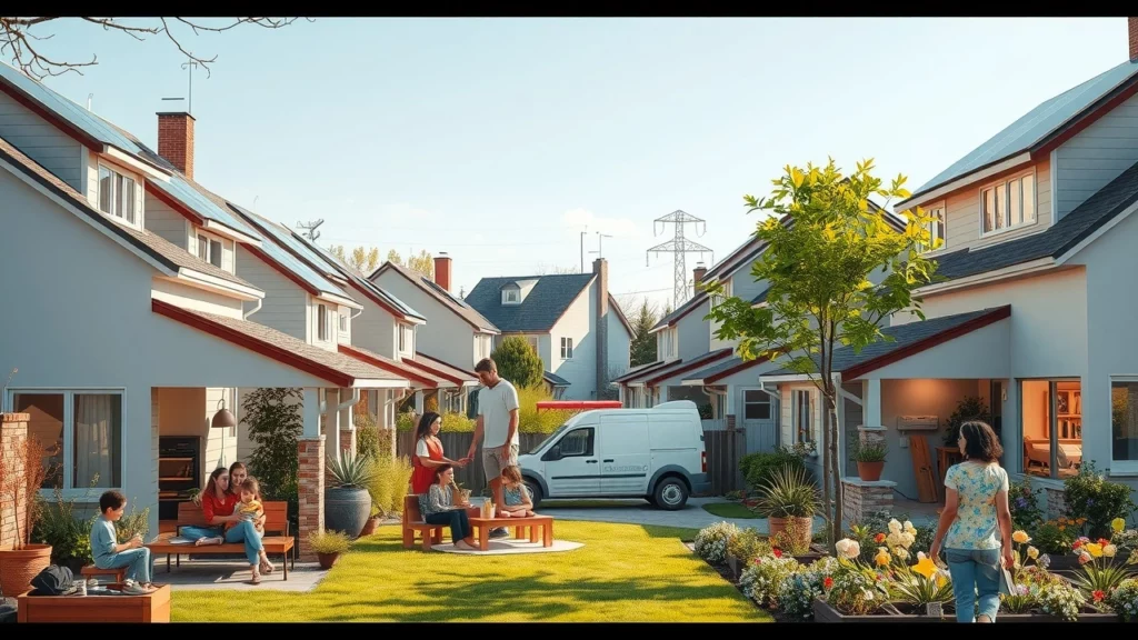 Scène de quartier tranquille avec des familles heureuses en février 2025, illustrant la baisse des prix de l'électricité.