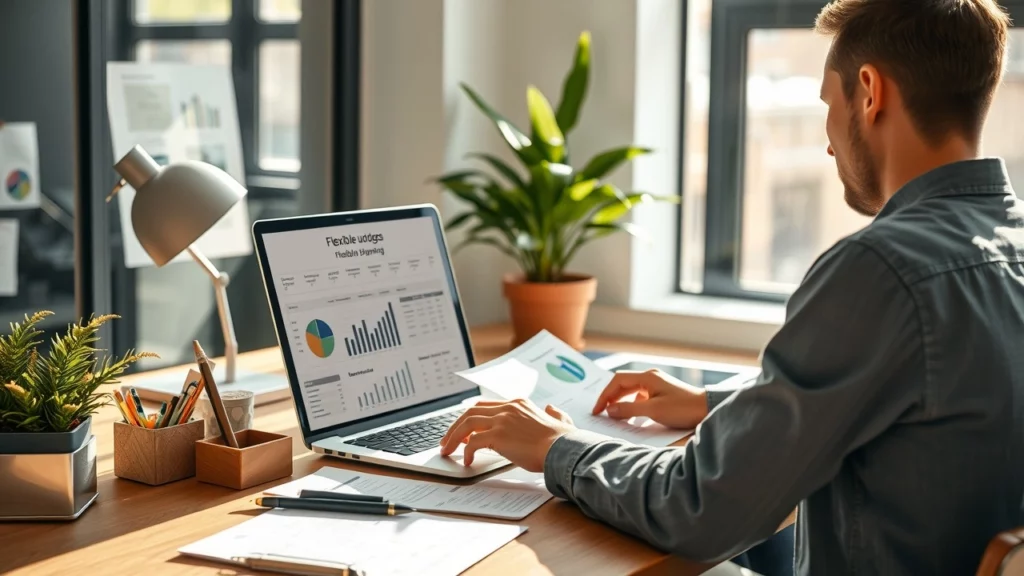 Une personne analysant des documents financiers pour élaborer un budget flexible.