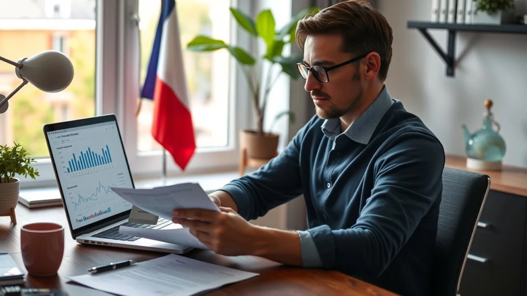 Une personne analysant des documents financiers sur les impôts sur les revenus passifs en France.