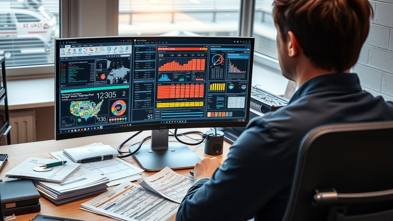 travailleur de bureau face à un ordinateur avec logiciels fiscaux