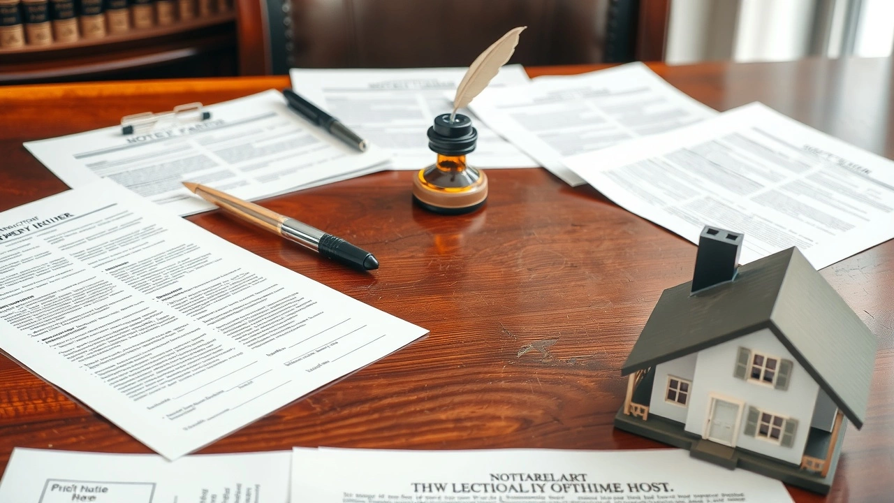 bureau de notaire avec documents juridiques et maquette de maison