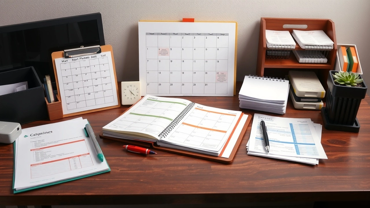 bureau organisé avec un agenda et des documents financiers