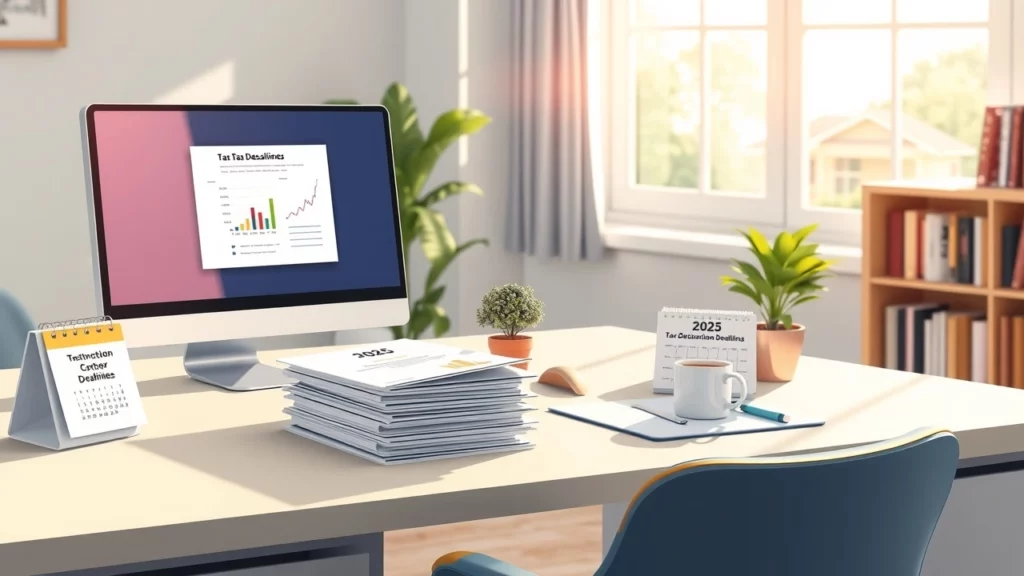 Un bureau à domicile moderne avec des formulaires d impots et un calendrier.