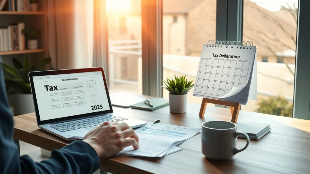 Bureau moderne avec documents fiscaux et ordinateur pour declaration d'impots