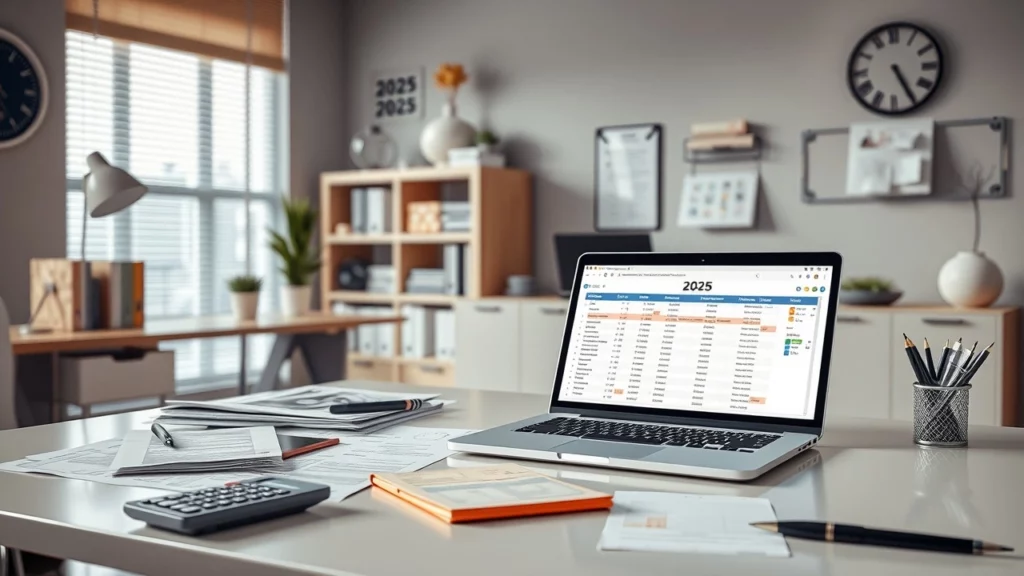 Bureau moderne avec des documents financiers et un ordinateur portable, illustrant la préparation des déductions fiscales.
