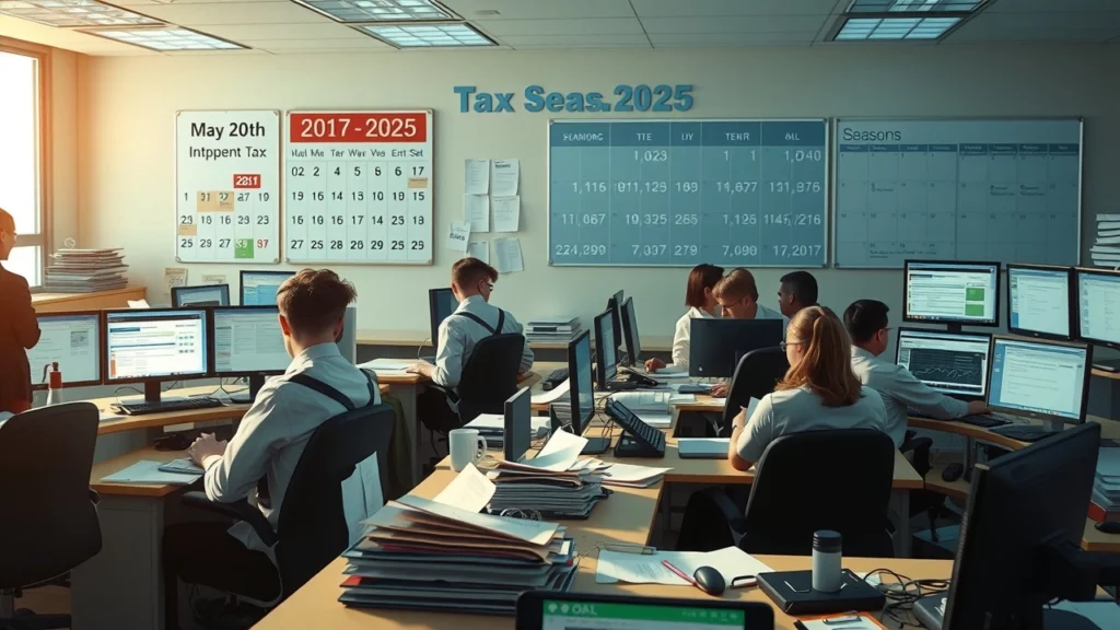 Bureau occupé pendant la période des déclarations fiscales de 2025.