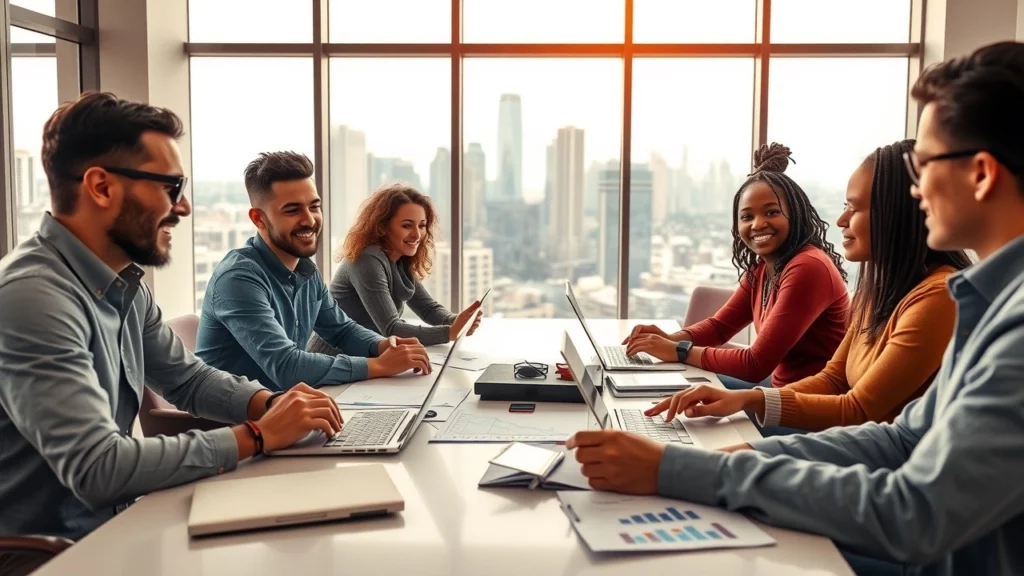 Une réunion financière dans un bureau moderne avec des personnes affichant une intelligence émotionnelle.