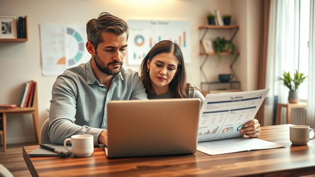 Couple examinant des documents financiers dans un cadre moderne