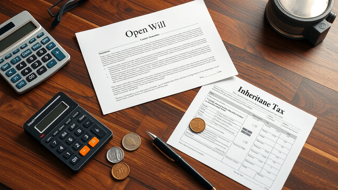 table avec une succession de documents et des pièces de monnaie