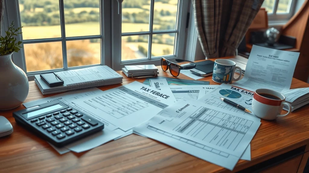 Illustration de documents fiscaux et d'exonérations en France sur un bureau en bois.