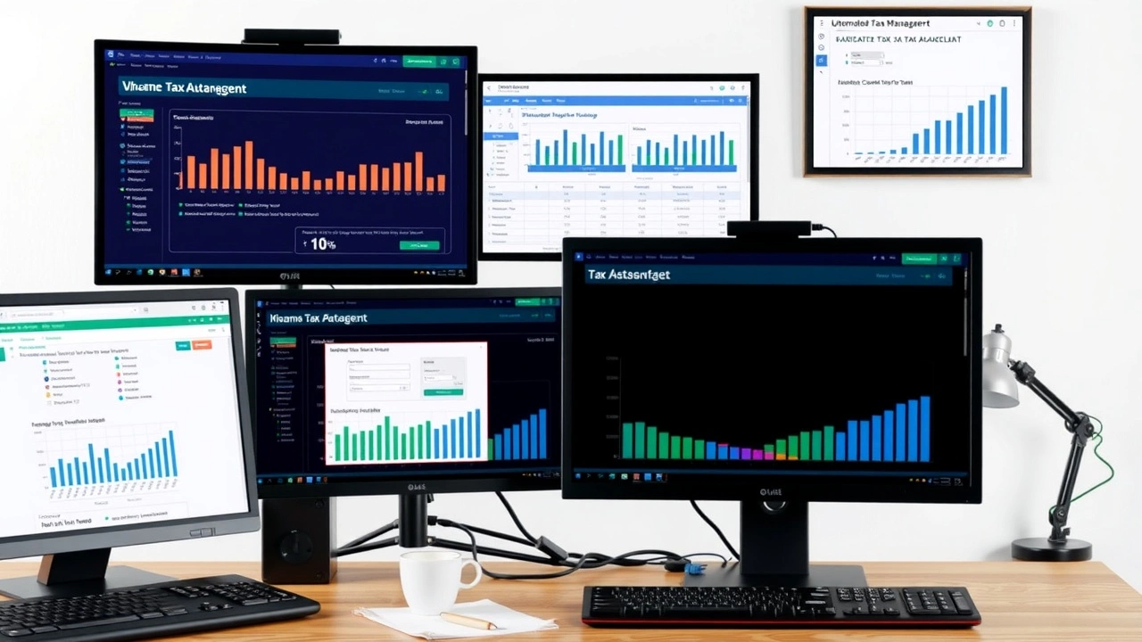 écrans de logiciels d'automatisation fiscale sur un bureau