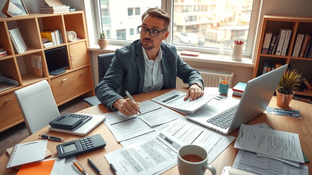 Un auto-entrepreneur au bureau examine des documents fiscaux avec un ordinateur portable.