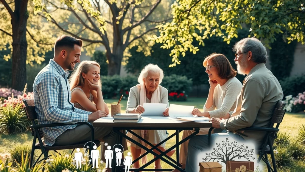 Une famille réunie discutant de l'héritage dans un jardin paisible.