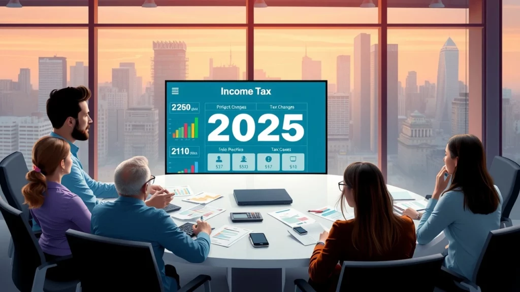 Illustration d'un groupe de professionnels discutant des nouveautés fiscales de 2025 dans un bureau moderne.