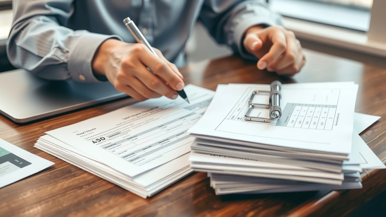 une personne remplissant des formulaires fiscaux sur un bureau