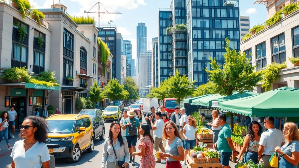 Une scène urbaine animée en 2025 montrant des stratégies d'épargne verte.