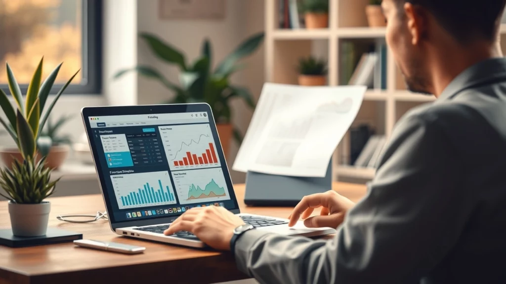 Une scène photoréaliste d'une personne utilisant un outil de simulation financière sur un ordinateur portable.