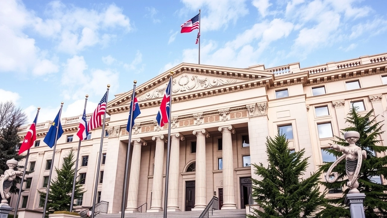 bâtiment gouvernemental avec drapeaux publics