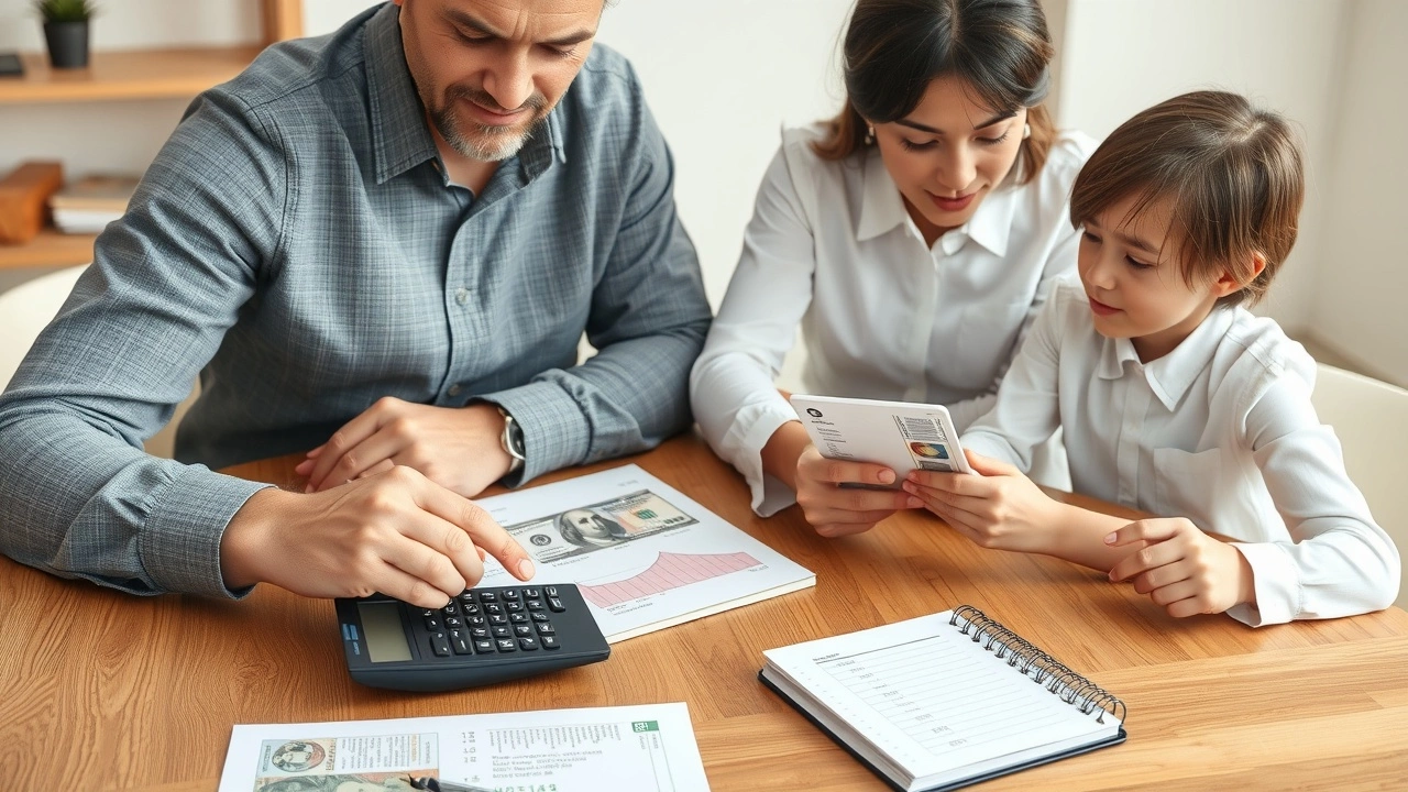 famille faisant un budget avec une calculatrice et des factures