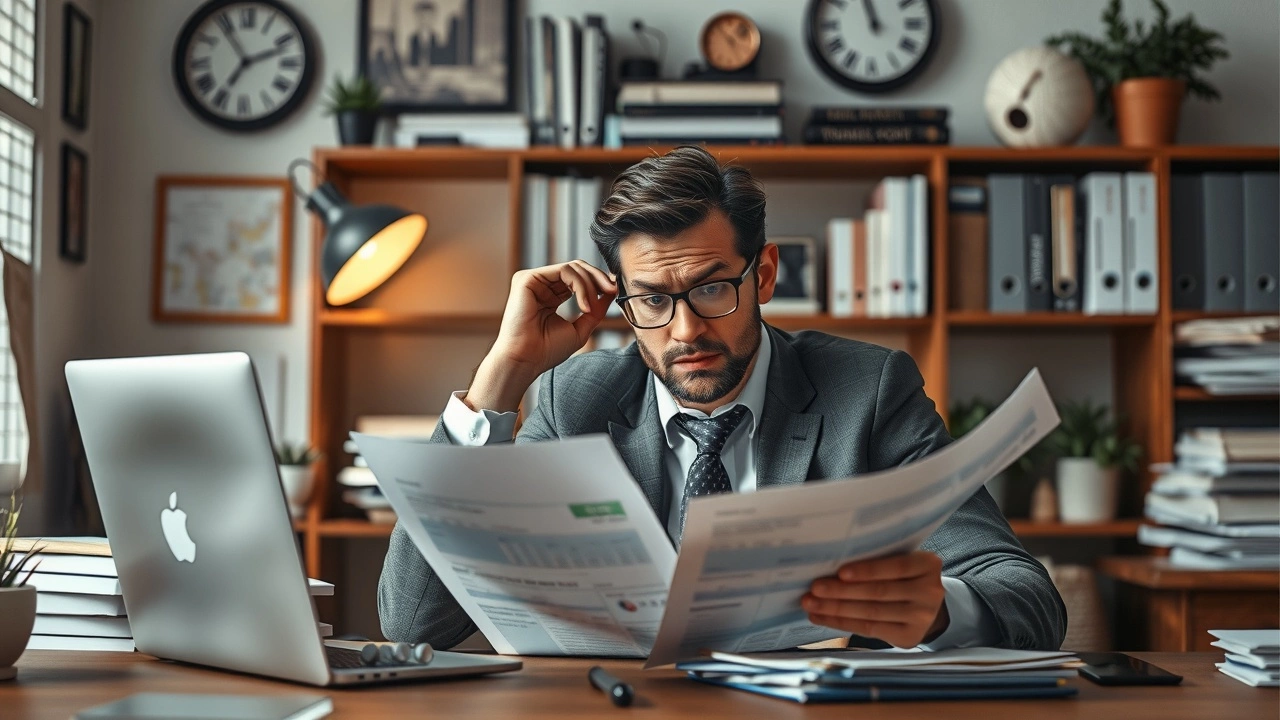 entrepreneur stressé devant des documents fiscaux