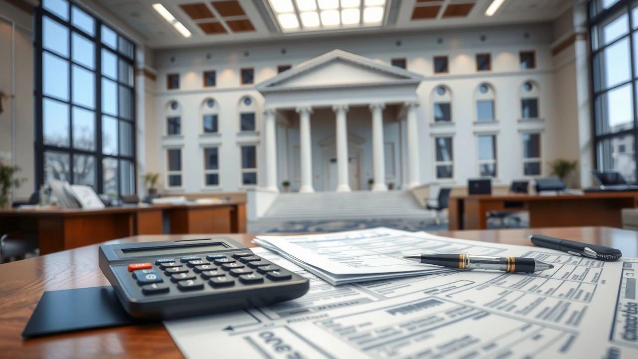 bureau gouvernemental avec documents fiscaux et calculatrices