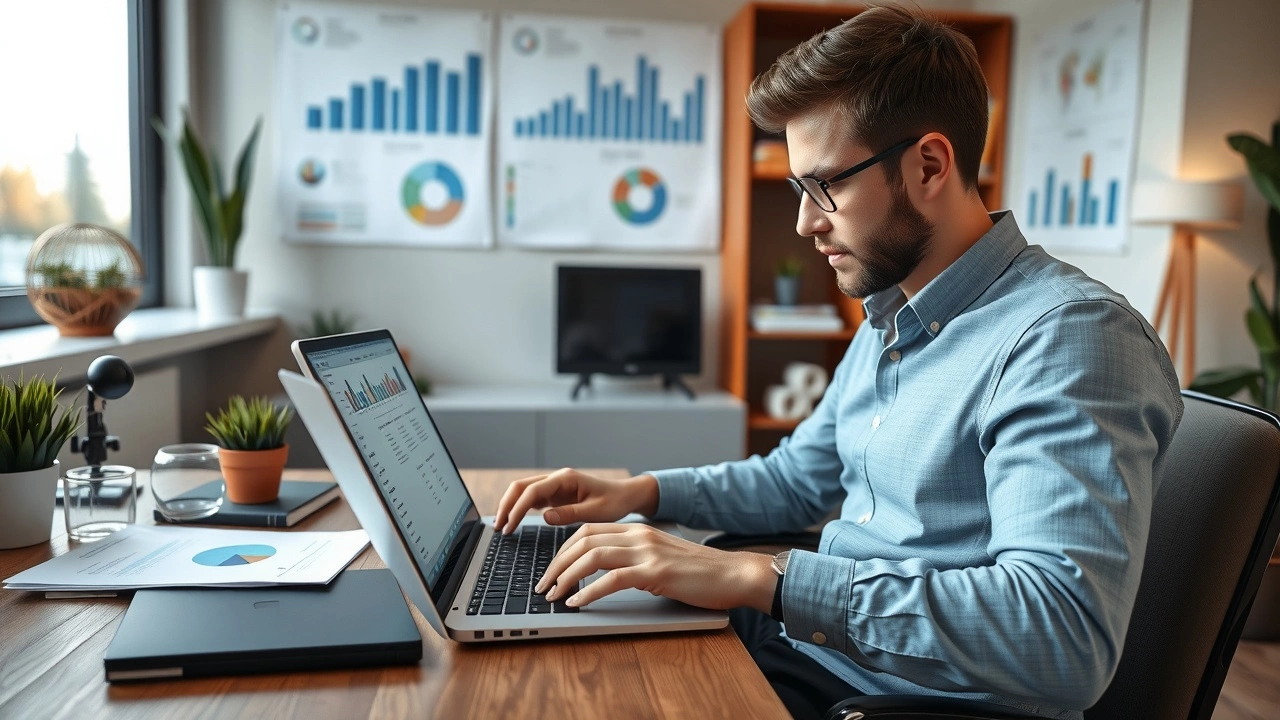 bureau moderne avec documents financiers et ordinateurs