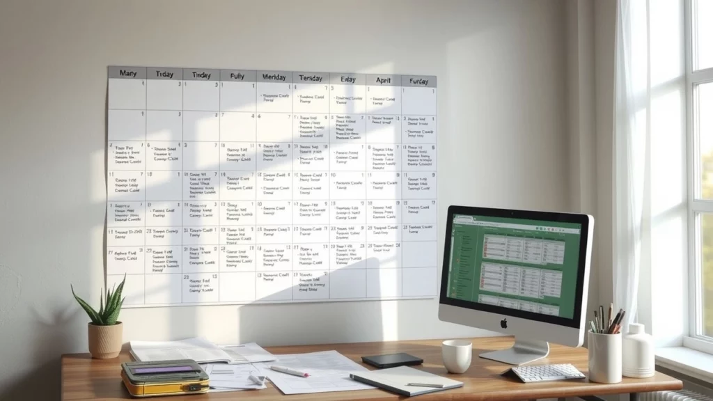 Un bureau calme et organisé avec un calendrier fiscal, des documents financiers et un ordinateur.